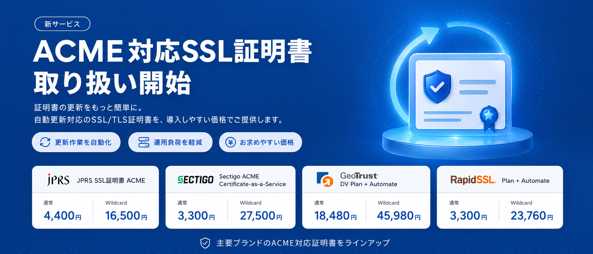 新サービス ACME対応SSL証明書 取り扱い開始 — 証明書の更新をもっと簡単に。自動更新対応のSSL/TLS証明書を導入しやすい価格でご提供します。JPRS 4,400円〜/Sectigo ACME Certificate-as-a-Service 3,300円〜/GeoTrust DV Plan + Automate 18,480円〜/RapidSSL Plan + Automate 3,300円〜(税込/年額)