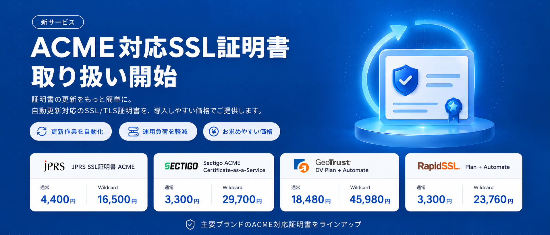 新サービス ACME対応SSL証明書 取り扱い開始 — 証明書の更新をもっと簡単に。自動更新対応のSSL/TLS証明書を導入しやすい価格でご提供します。JPRS 4,400円〜/Sectigo ACME Certificate-as-a-Service 3,300円〜/GeoTrust DV Plan + Automate 18,480円〜/RapidSSL Plan + Automate 3,300円〜(税込/年額)